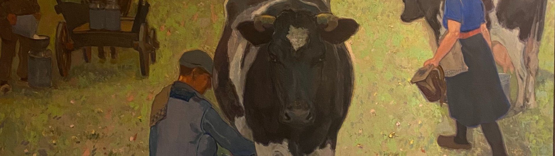 Schilderij door Johannes Elsinga van een boer die een koe melkt in een weiland