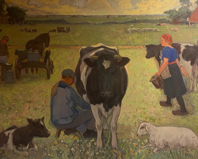Schilderij door Johannes Elsinga van een boer die een koe melkt in een weiland