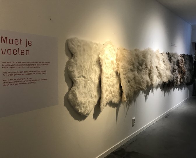 Wand in het Fries Landbouwmuseum bij de expositie '100% Wol' met zowel synthetische- als echte schapenhuiden met de tekst 'Moet je voelen' 