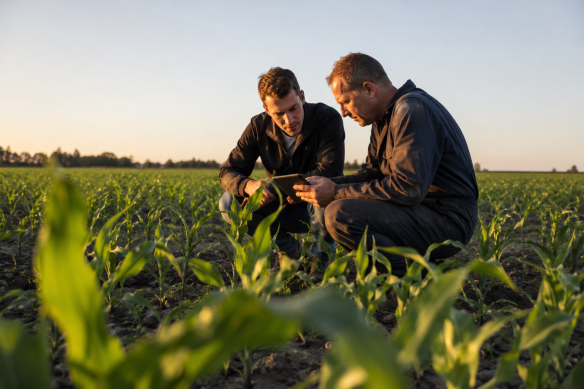 Adviseur zit gehurkt met iemand in een veld met gewassen